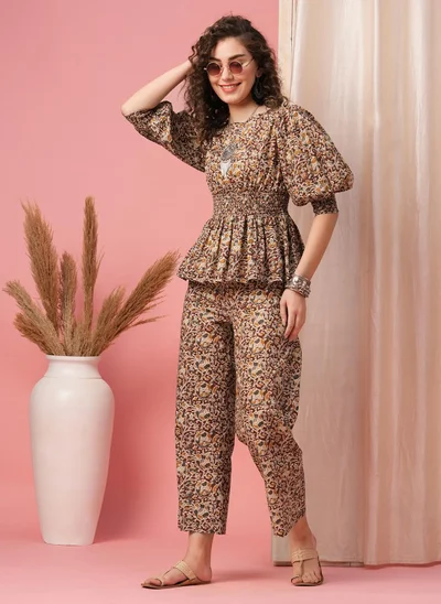 globus Globus Women Maroon Ethnic Motif Printed Puff Sleeve Pure Cotton Top & Trouser